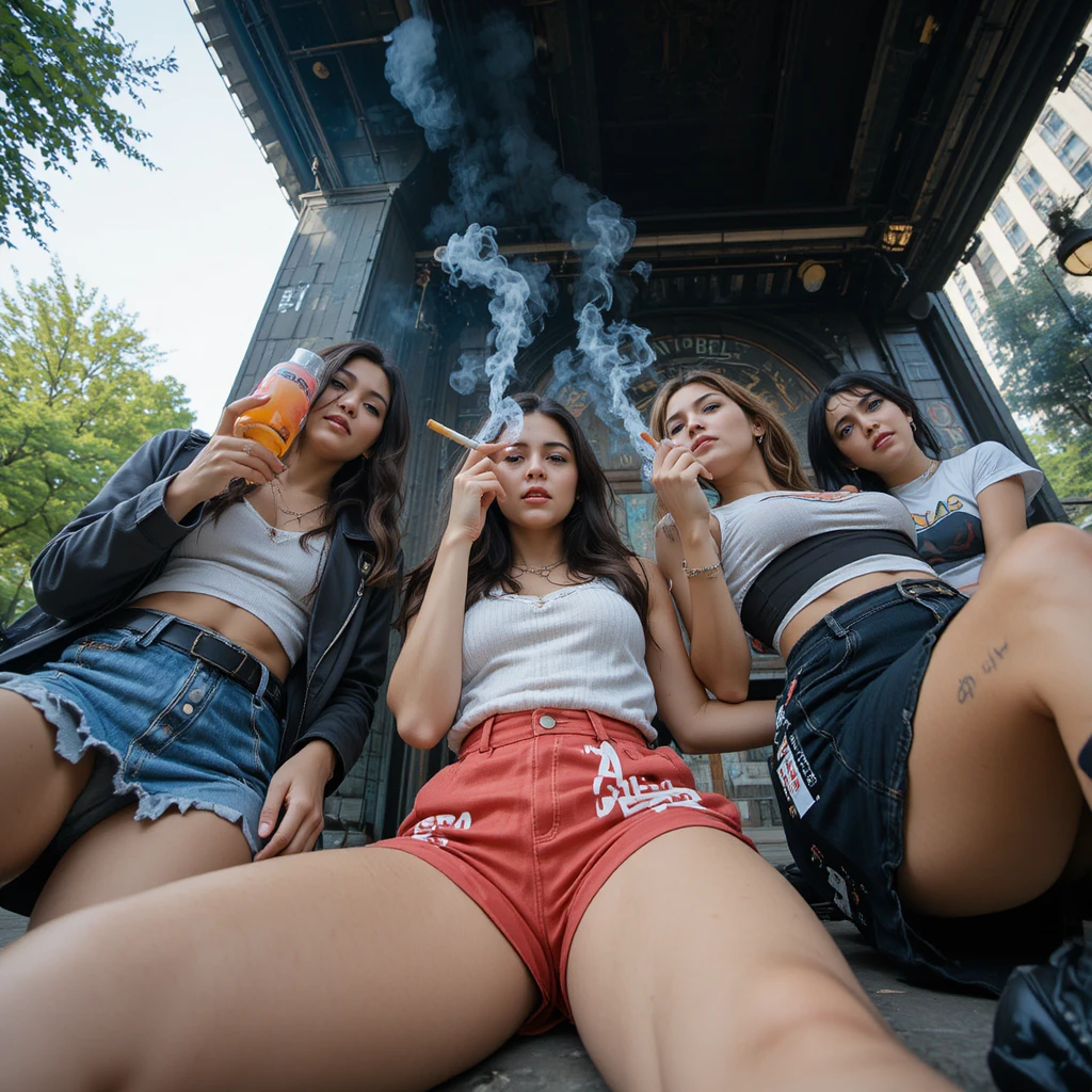 All female rock band taking a break in a city park