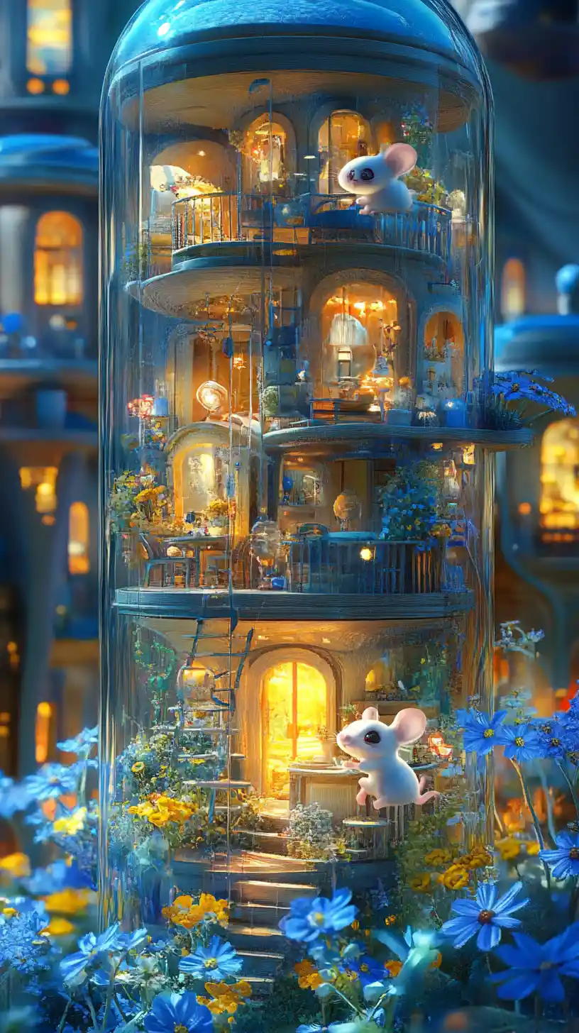 Two happy mice living inside a long glass tube home