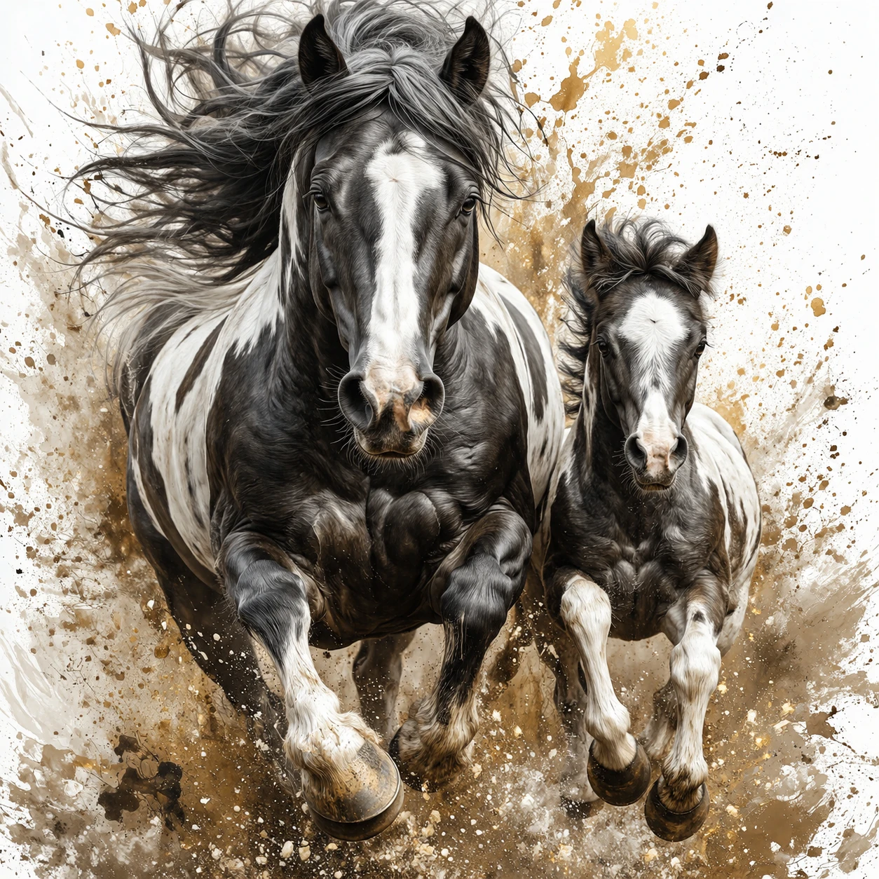 Galloping pinto horse and foal in dynamic close up