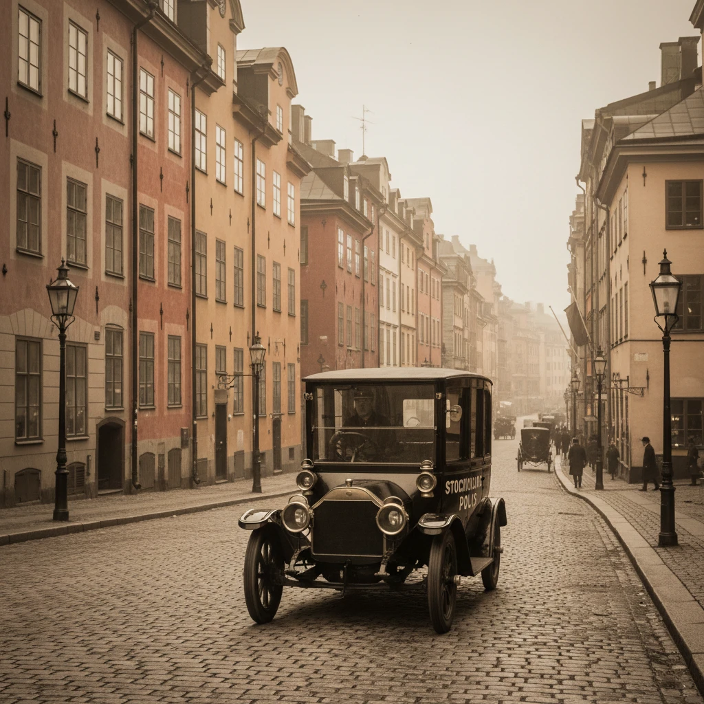 Vintage police car on misty cobblestone street in Stockholm