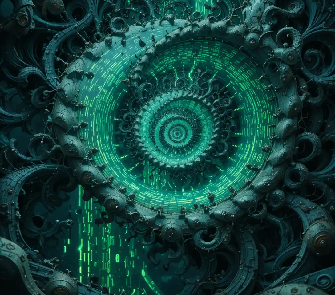 Steampunk fractal system with glowing binary fibonacci spiral