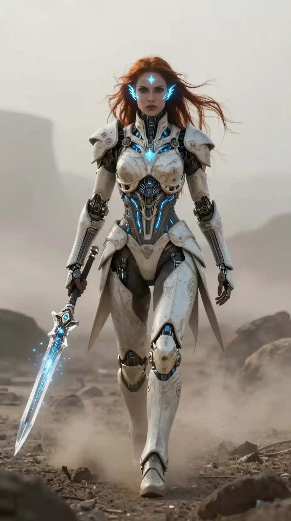 Warrior queen in biomechanical armor walking through foggy wasteland