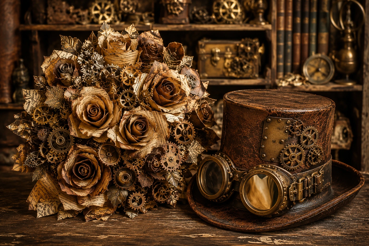 Steampunk bridal bouquet and leather top hat still life