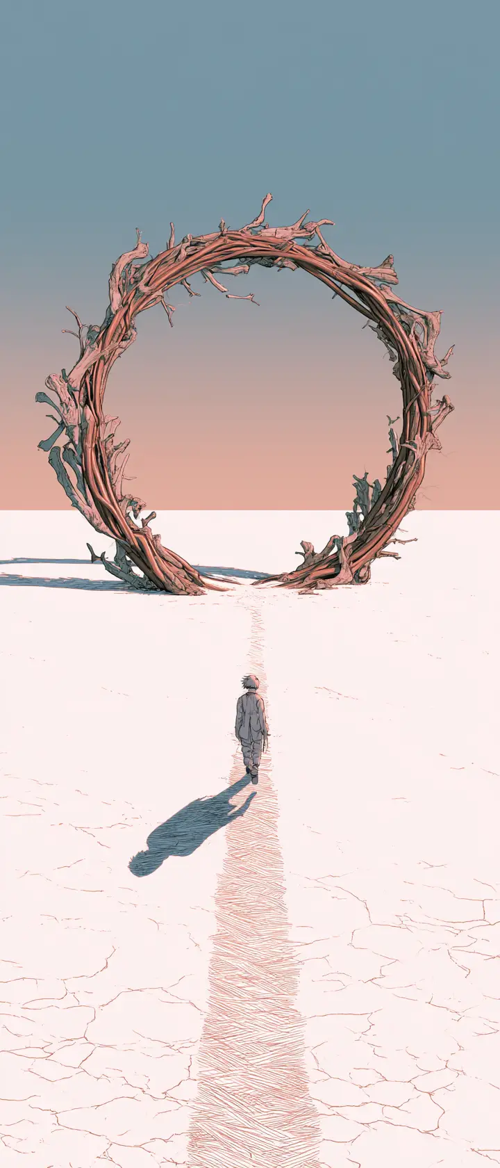 Anime girl walking toward a lone circular portal
