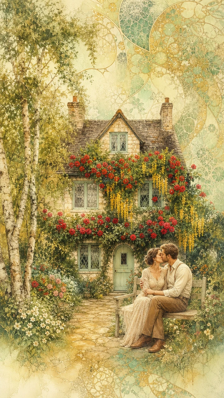 Romantic couple kissing on a bench before an English cottage