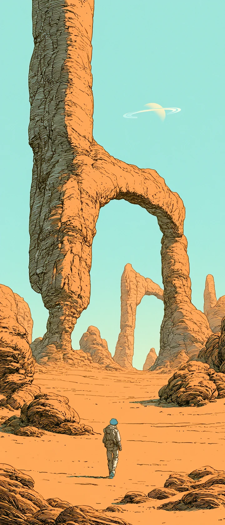 Chica de anime caminando sola en un arco surrealista en el desierto