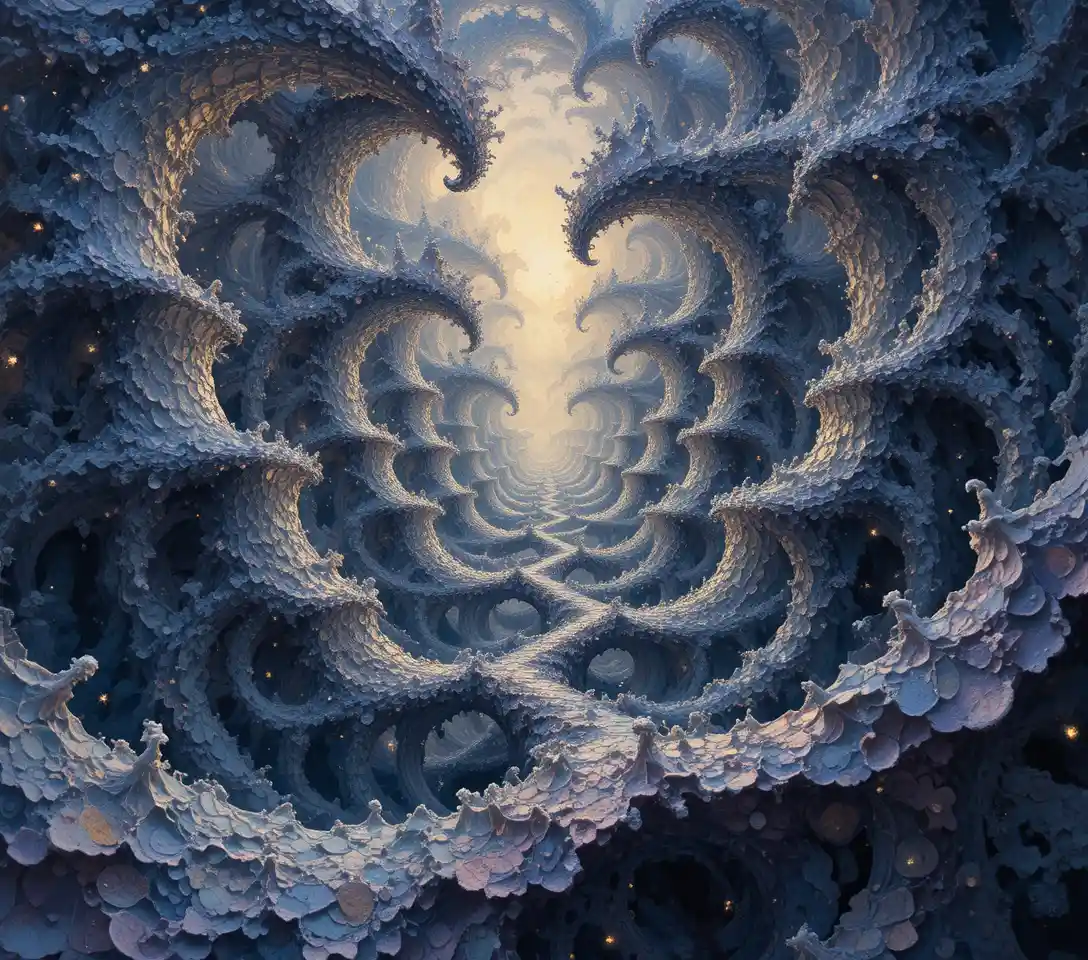 Pointillist fractal patterns unfolding in a dreamlike abstract scene