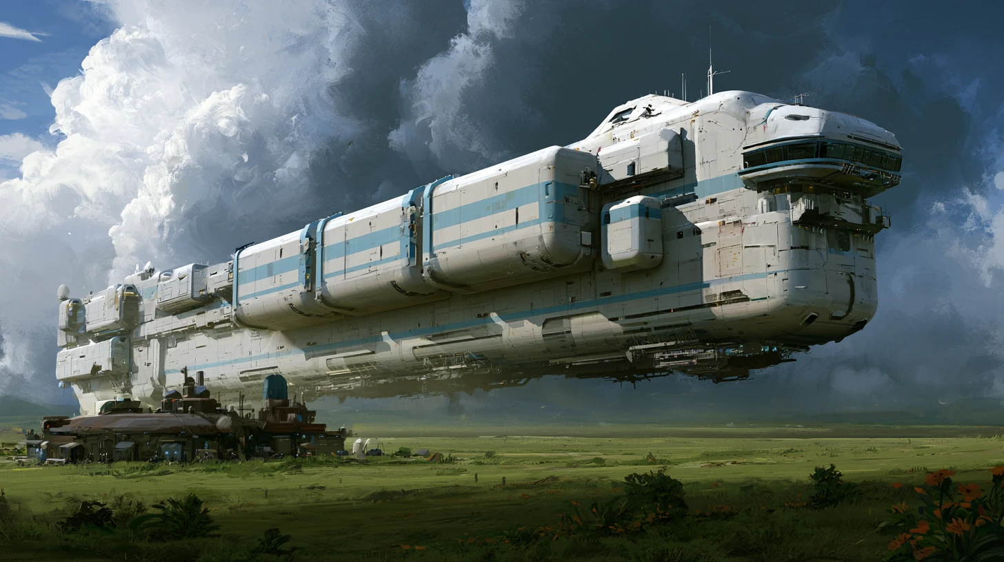 Colossal deep space transport landing at a planetary spaceport