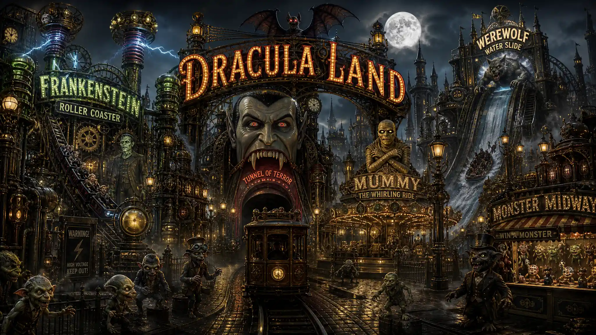 Steampunk Dracula Land fantasy theme park at night