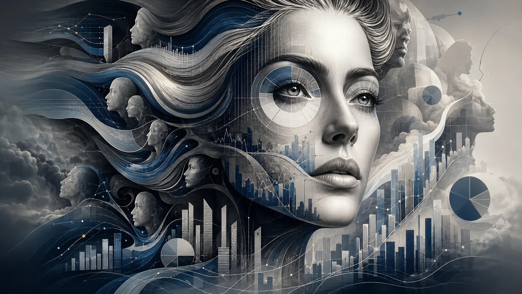 Surreal portrait of a face formed from executive dashboards