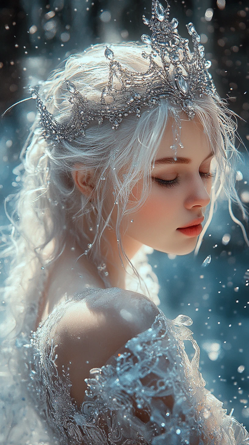 Ethereal silver haired queen in a glowing forest clearing