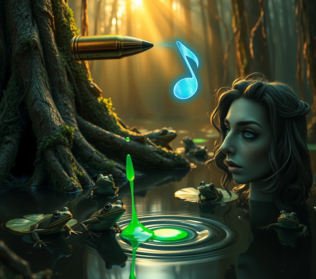 Ricocheting bullet and glowing note above a murky swamp