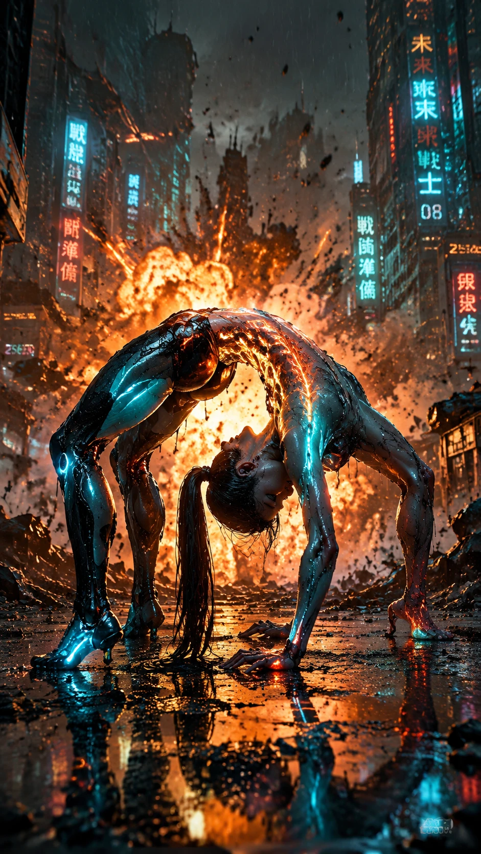 Cyberpunk warrior woman bending on ruined city battlefield