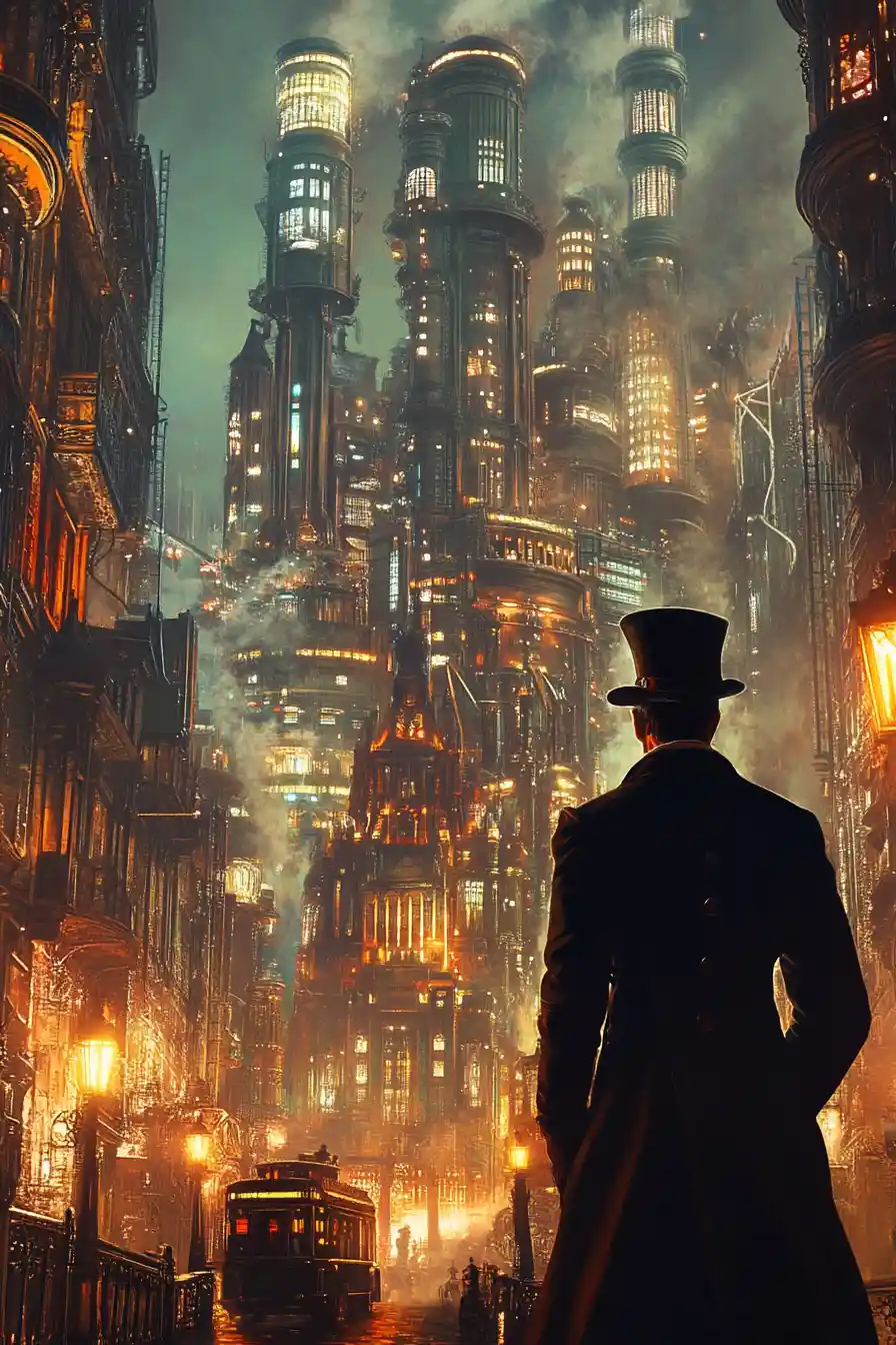 Victorian steampunk gentleman walking through golden city streets