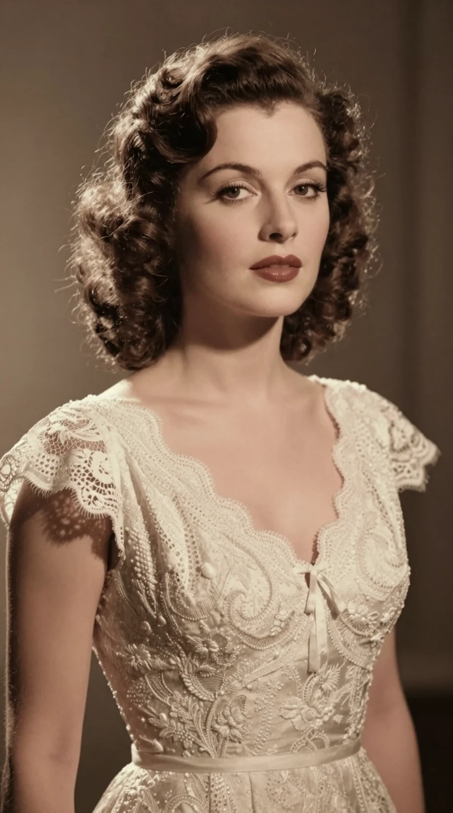Elegant woman in ivory lace dress vintage portrait