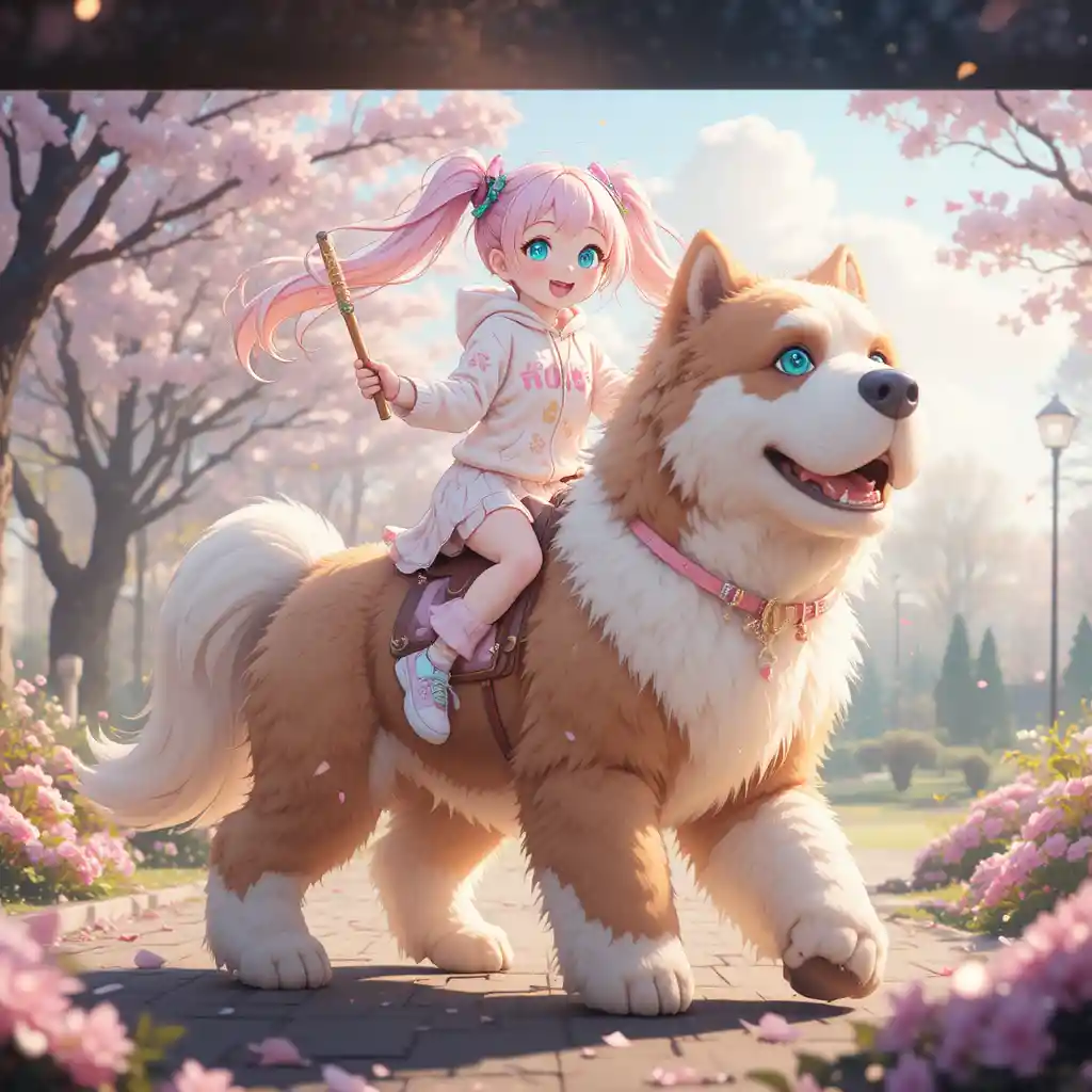 Cute anime girl riding a giant fluffy saint bernard