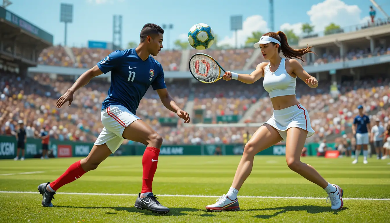 Soccer and tennis athletes compete for one airborne ball