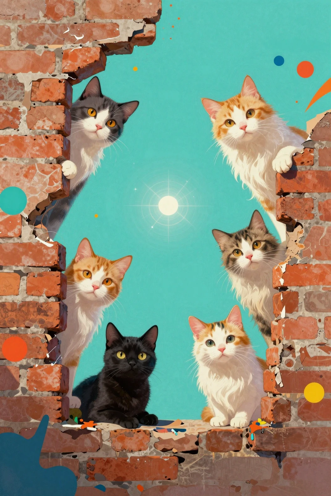 Gatti giocosi che sbirciano da dietro un collage di muro di mattoni