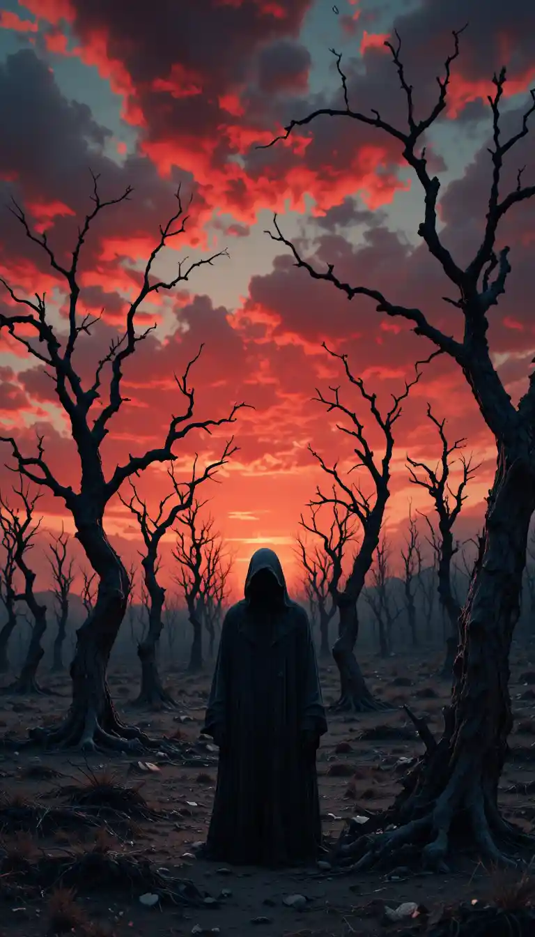 Lone robed figure in a desolate wasteland at dusk