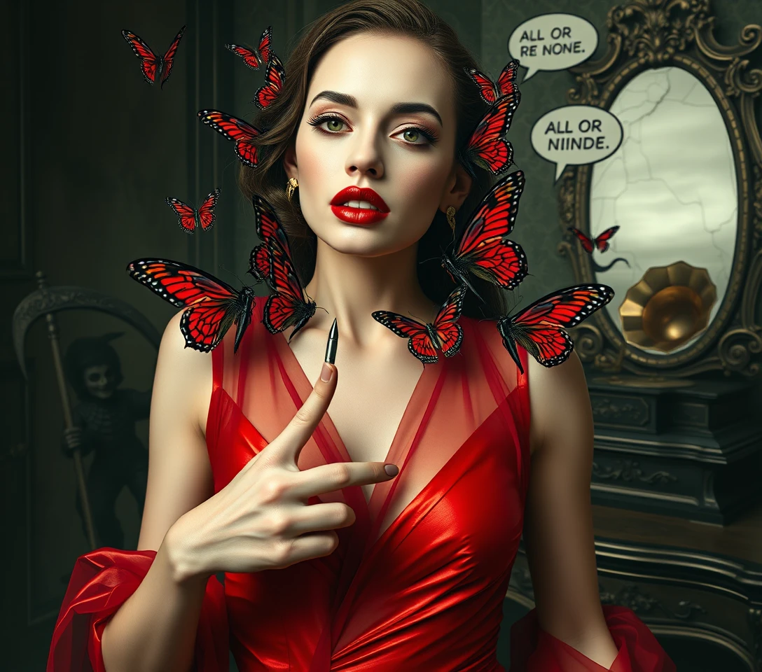 Surreal woman with clockwork butterflies in crimson silk