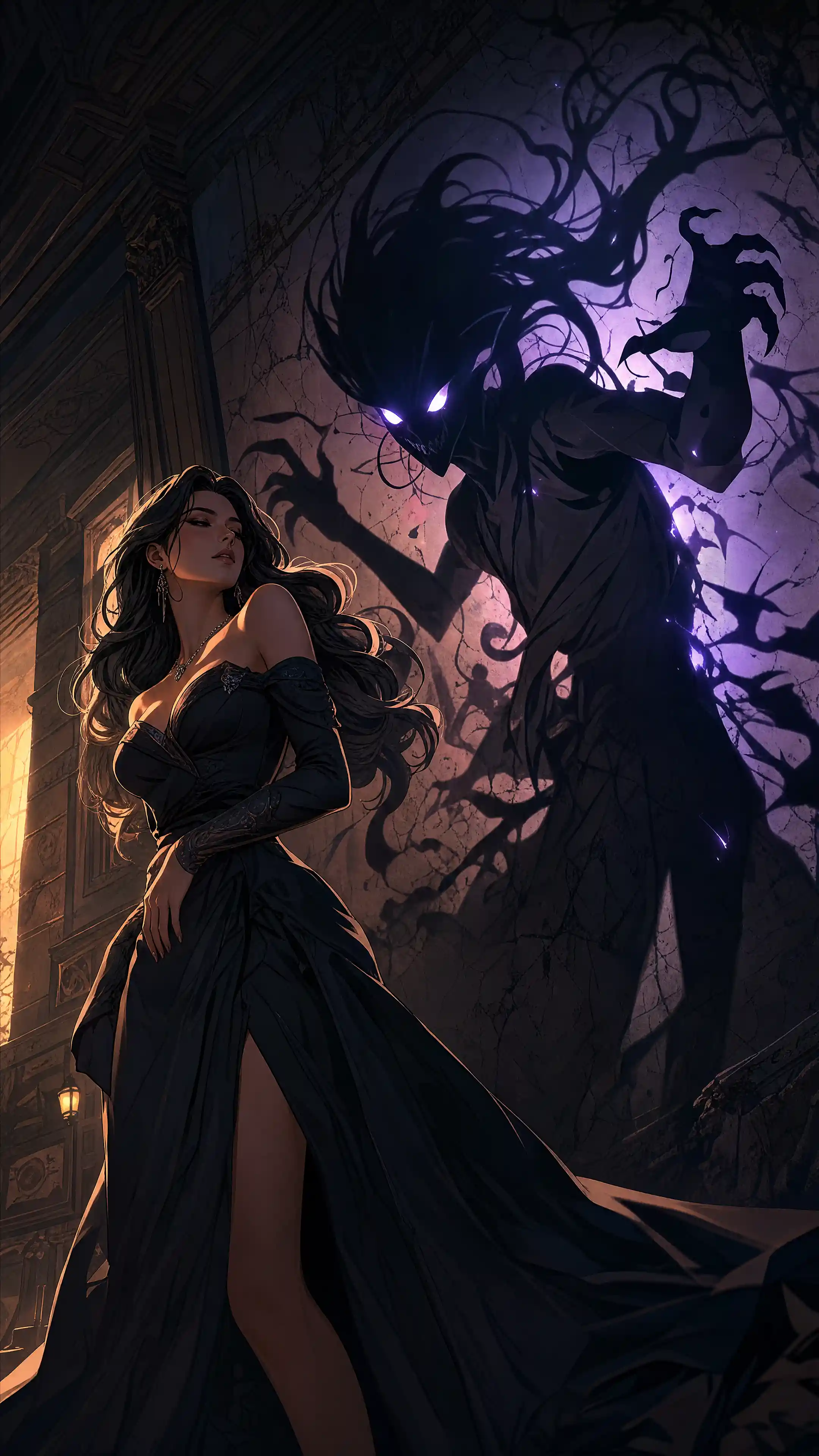 Elegant woman in dramatic light with menacing living shadow