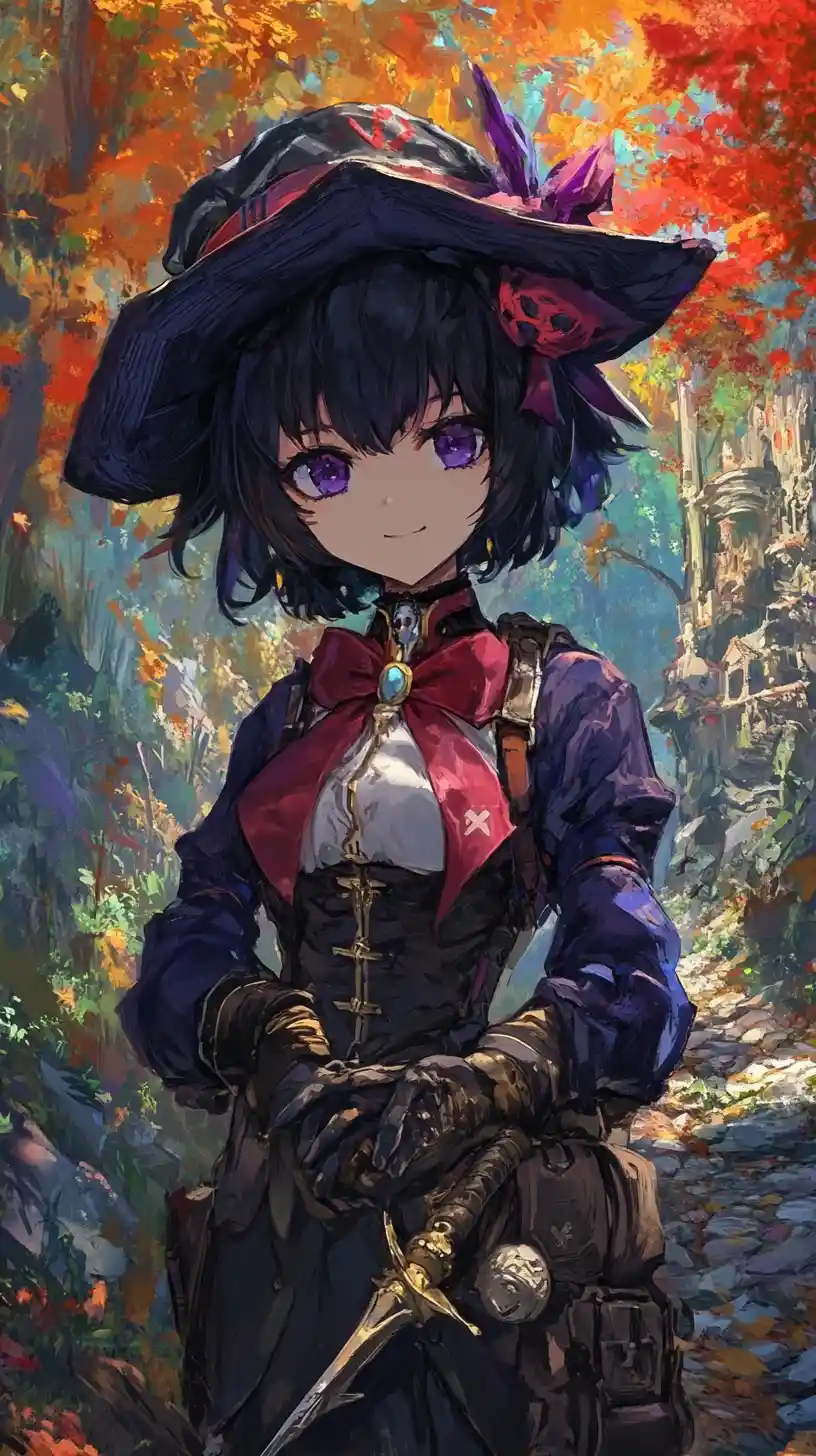 Anime girl warrior with sword in ornate blue and red outfit