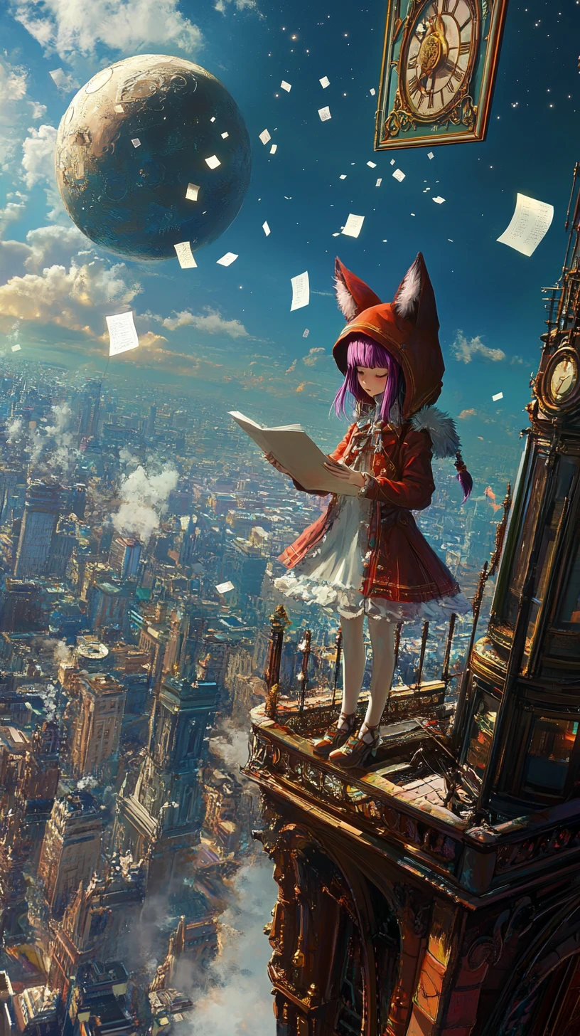 時計塔のバルコニーに立つアニメ少女とヴィクトリア風ファンタジー都市