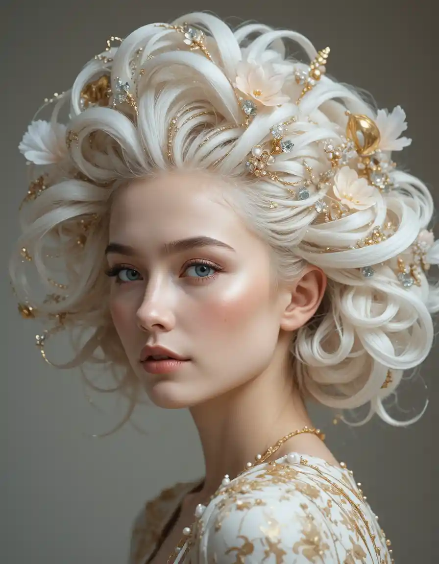 Editorial beauty portrait of a woman with sculptural hair