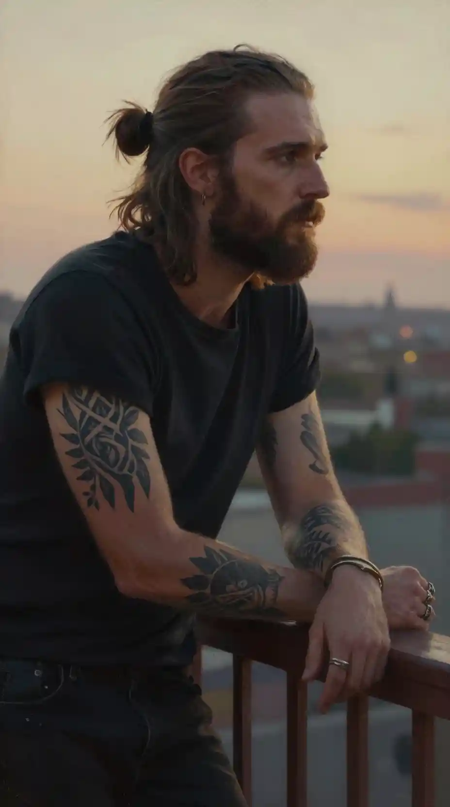 Pensive tattooed musician on a balcony at sunset