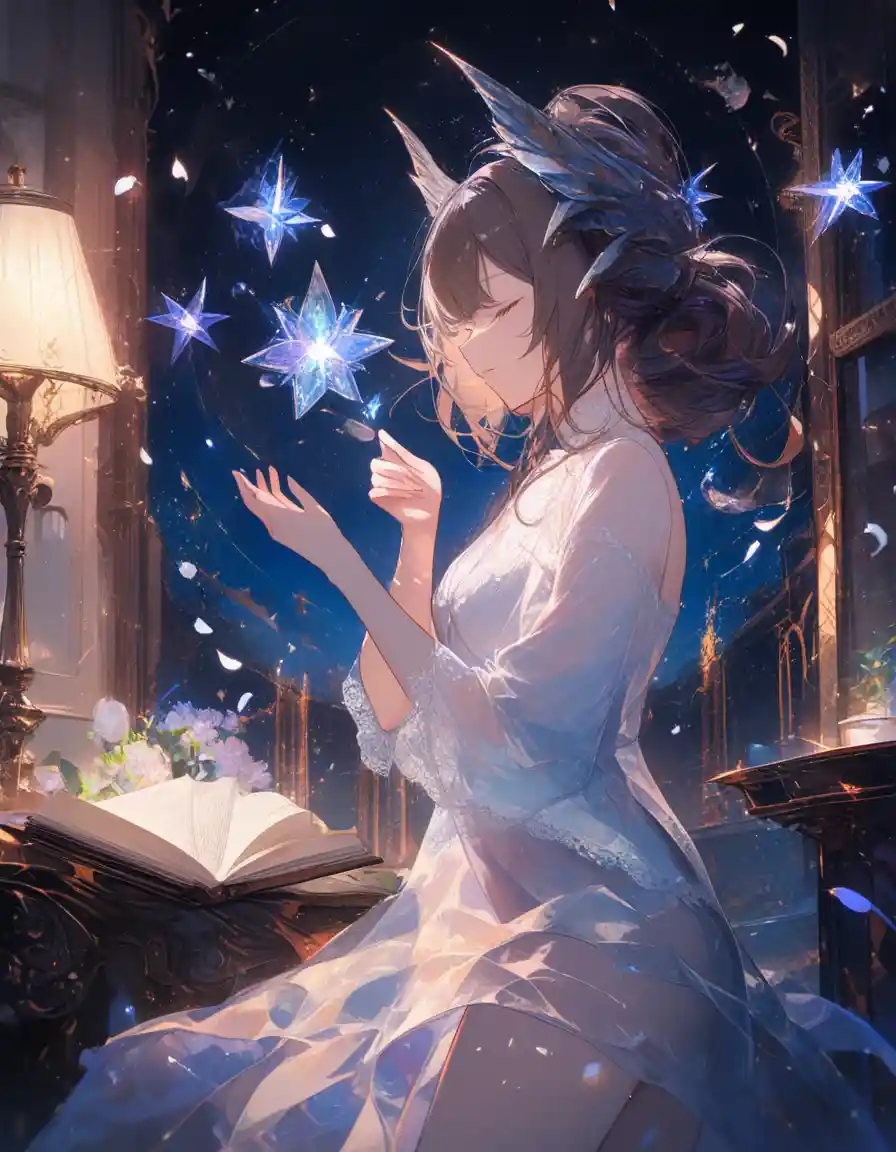 Horned woman sleeping on velvet sofa in moonlit room