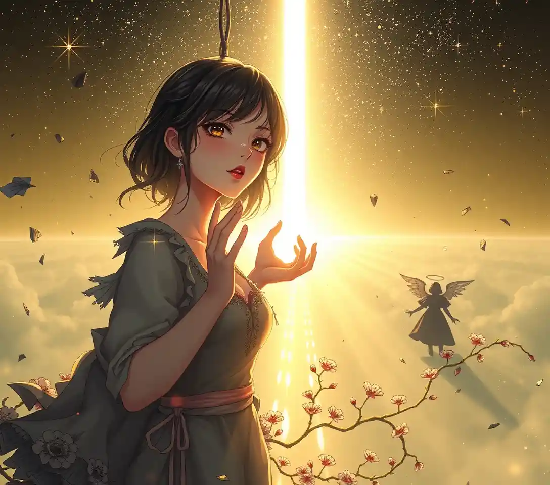 Ethereal woman reaching toward a radiant celestial corridor