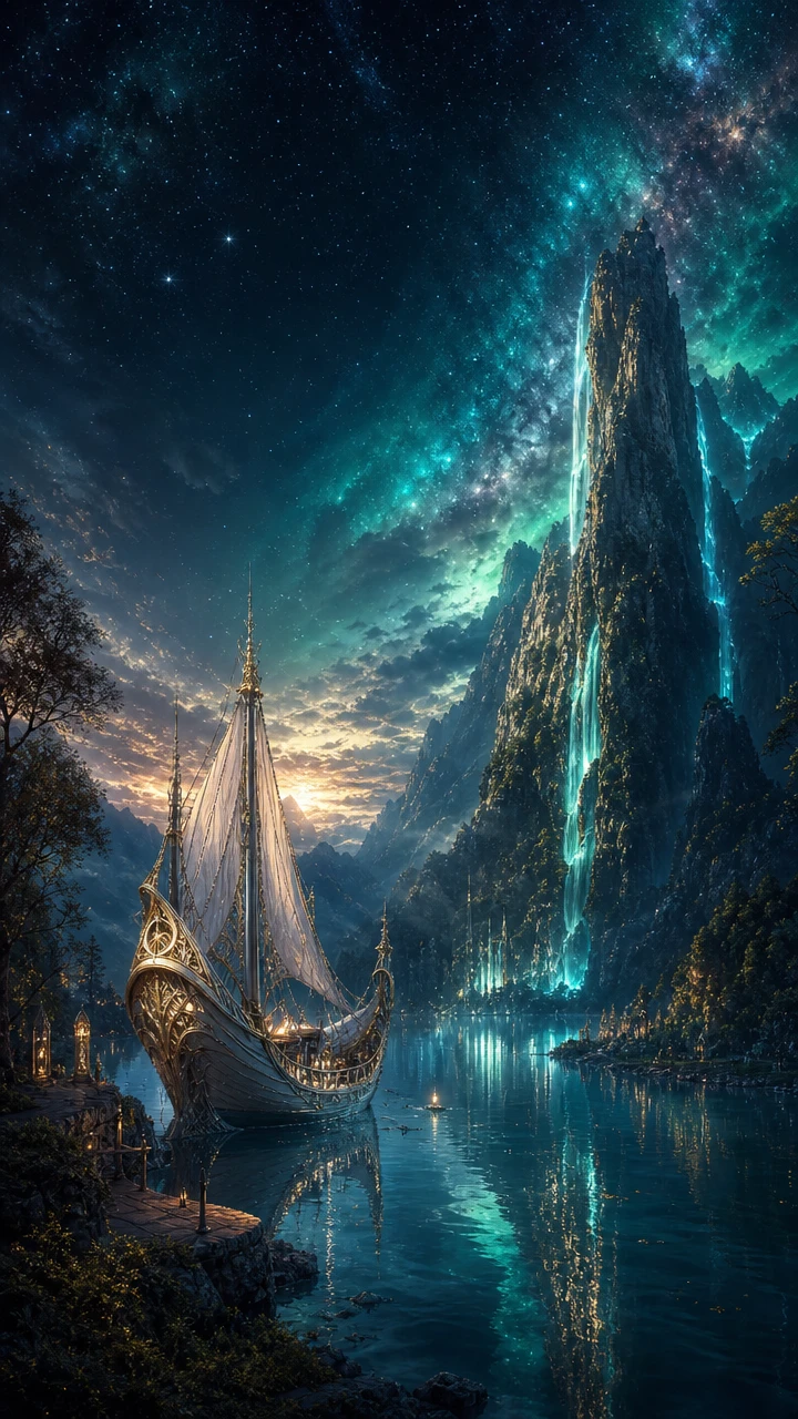 輝く星とエルフの船が浮かぶ幻想的な湖の風景