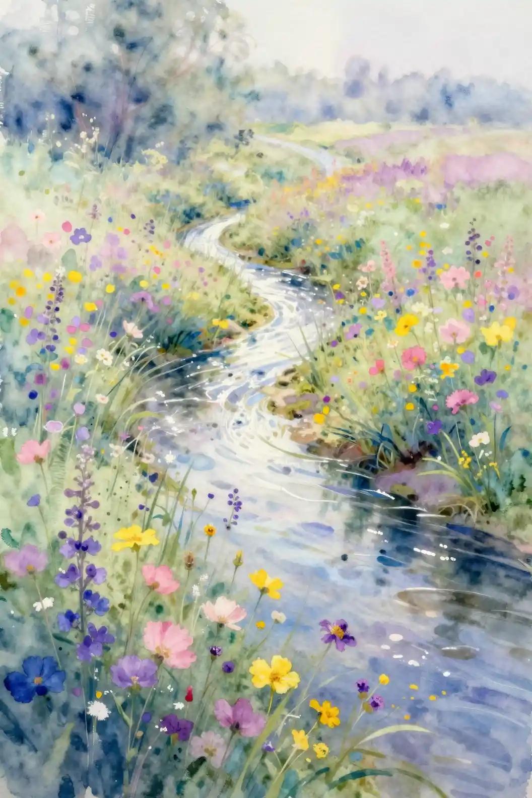 Dreamlike river winding through watercolor wildflower meadow
