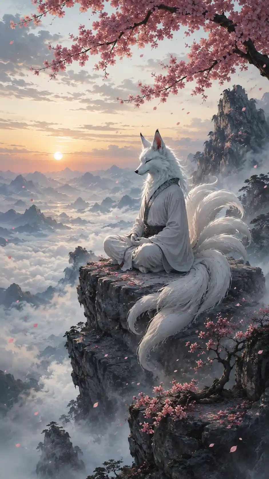 White fox meditating on a misty mountain peak at sunset