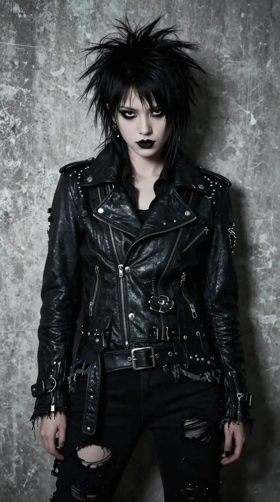 Goth fashion woman in leather jacket against concrete wall