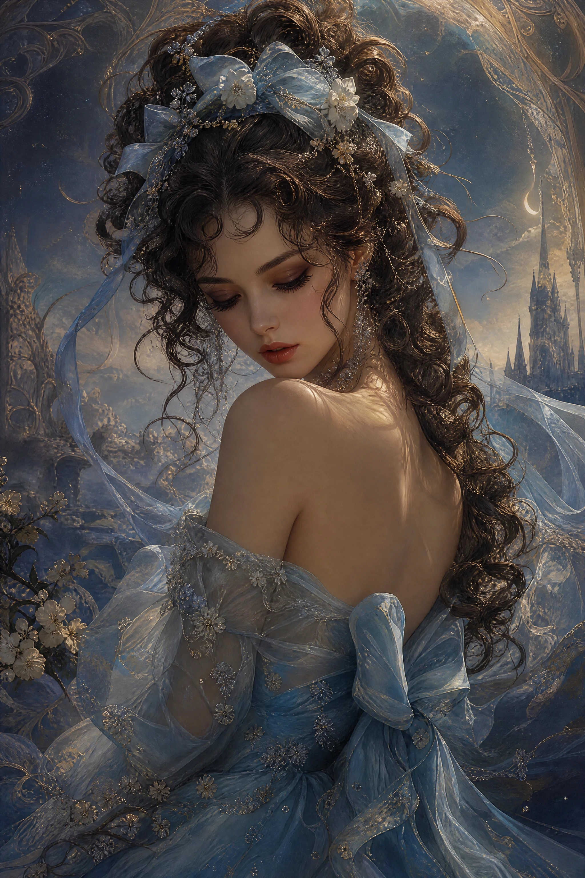 Romantic portrait of a woman with curly hair and blue gown