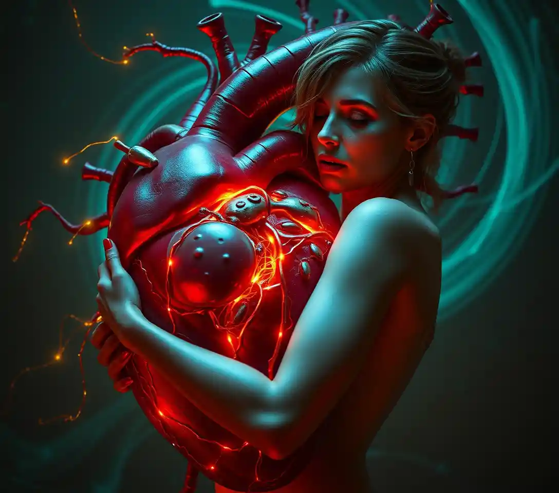 Donna che abbraccia un cuore anatomico senziente in un vuoto surreale