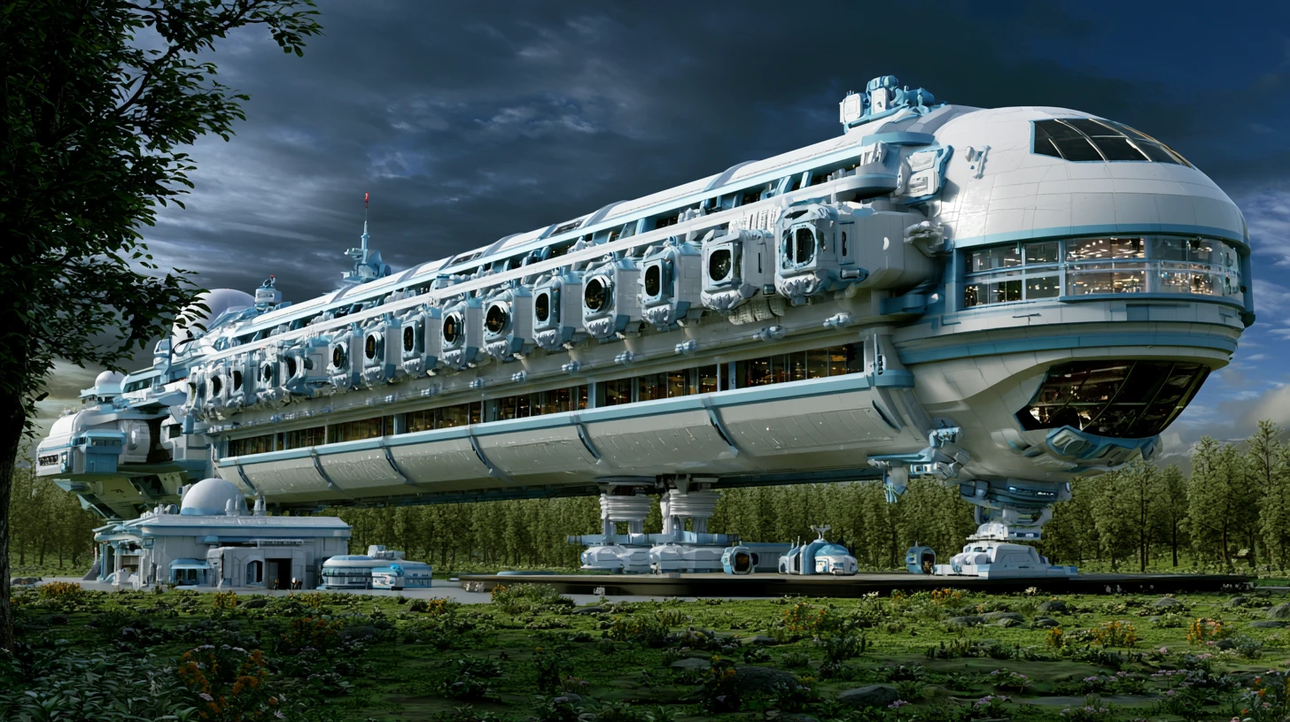 Colossal white spaceship landing on green alien world