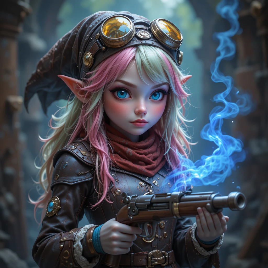 Colorful haired gnome girl artificer with magical musket