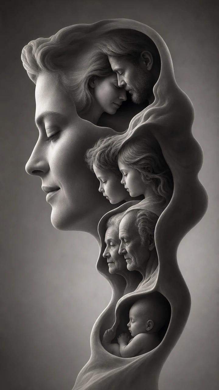 Symbolic family portrait of nested human silhouettes