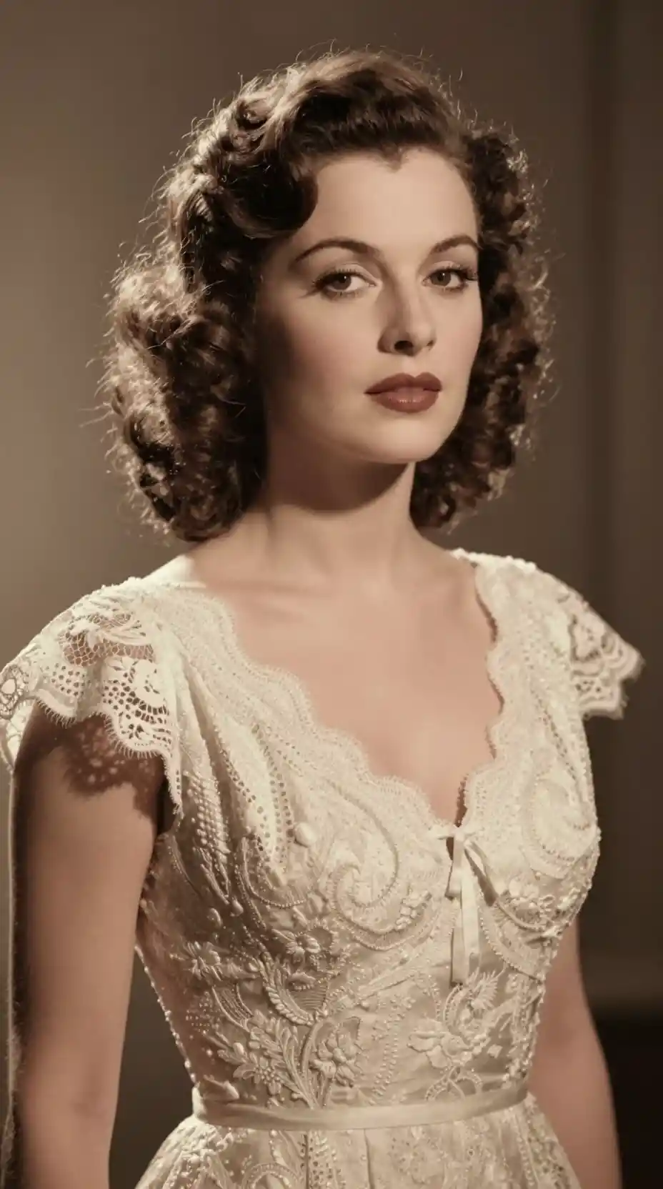 Elegant woman in ivory lace dress vintage portrait
