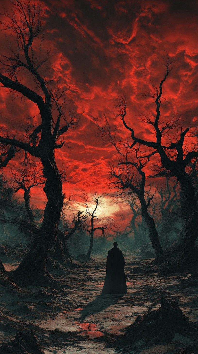 Hooded figure in a barren wasteland at crimson dusk