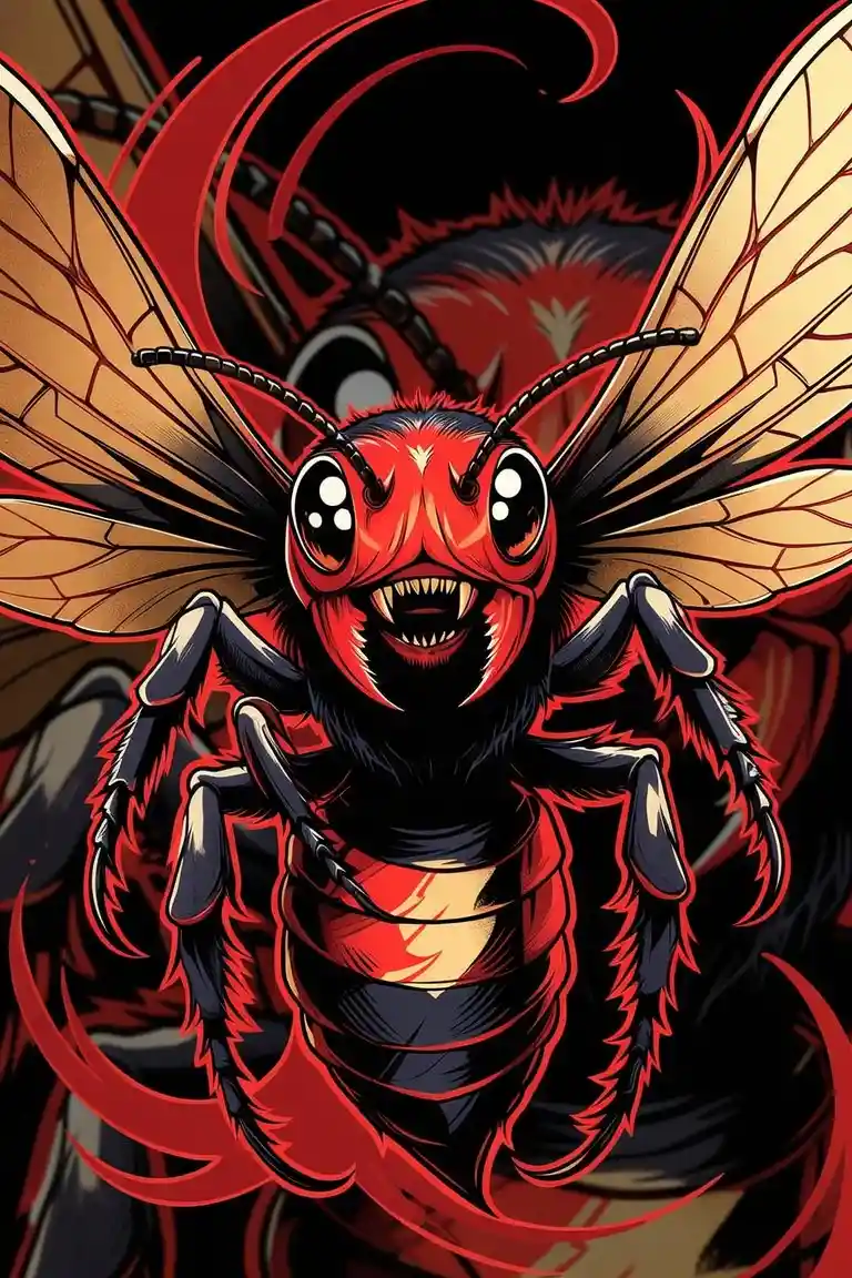 Bold undertaker bee tattoo emblem in red gold and black