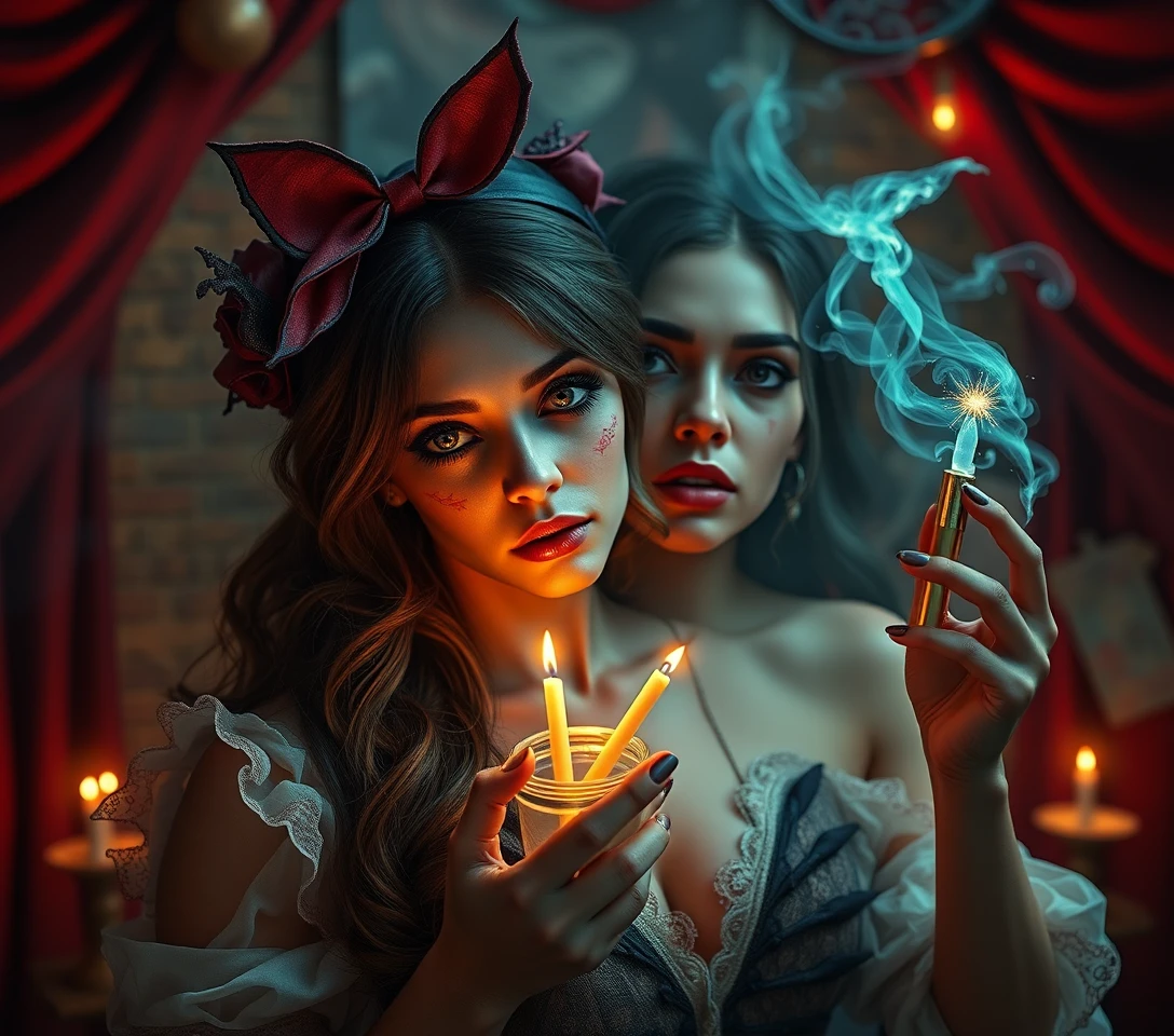 Surreal woman performing a playful comic magic trick
