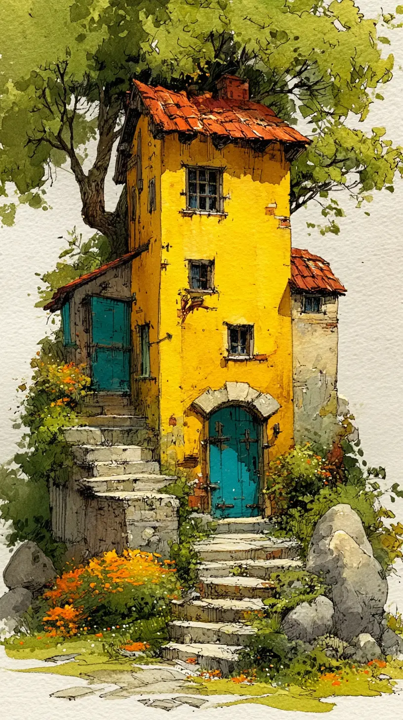 Whimsical watercolor cottage beside a leafy green tree