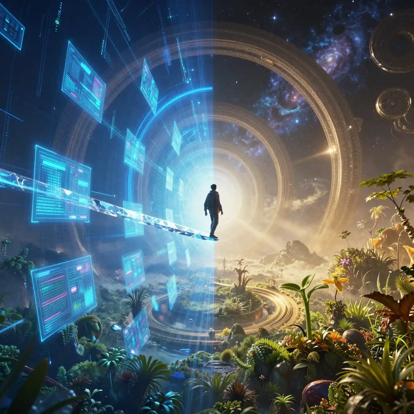 Lone figure balancing above a vast cosmic abyss