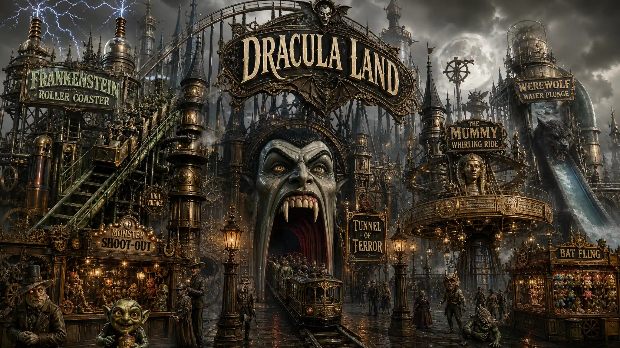 Steampunk Dracula Land Theme Park With Monster Rides