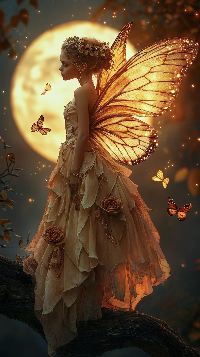 Fairy girl by the moon on a rustic forest branch