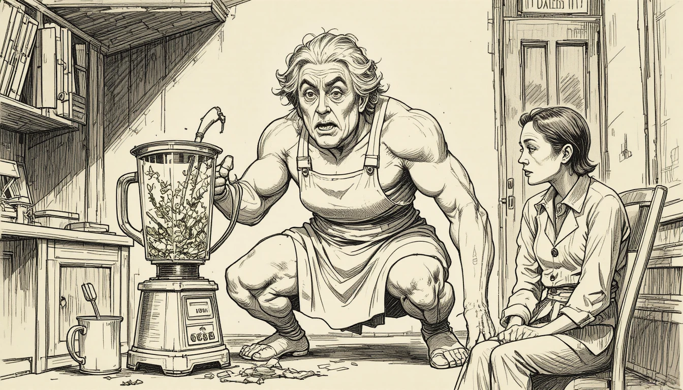 Anxious elderly woman with wild hair and chaotic blender