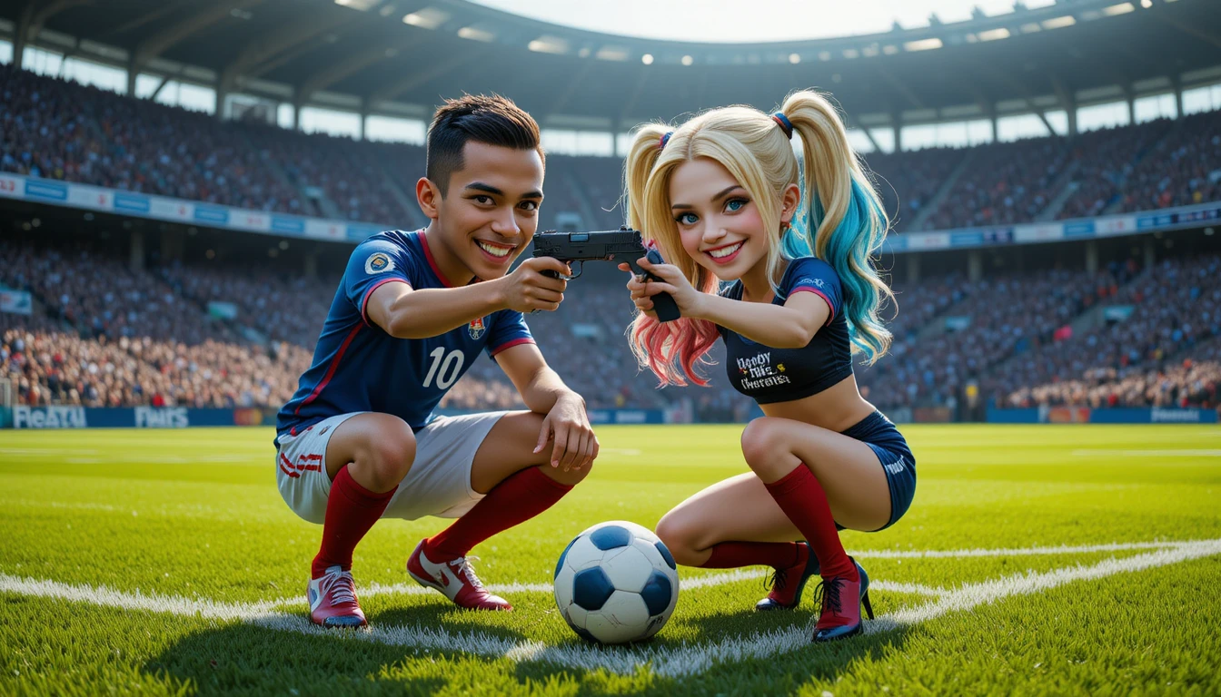 Soccer star facing armed woman on stadium field